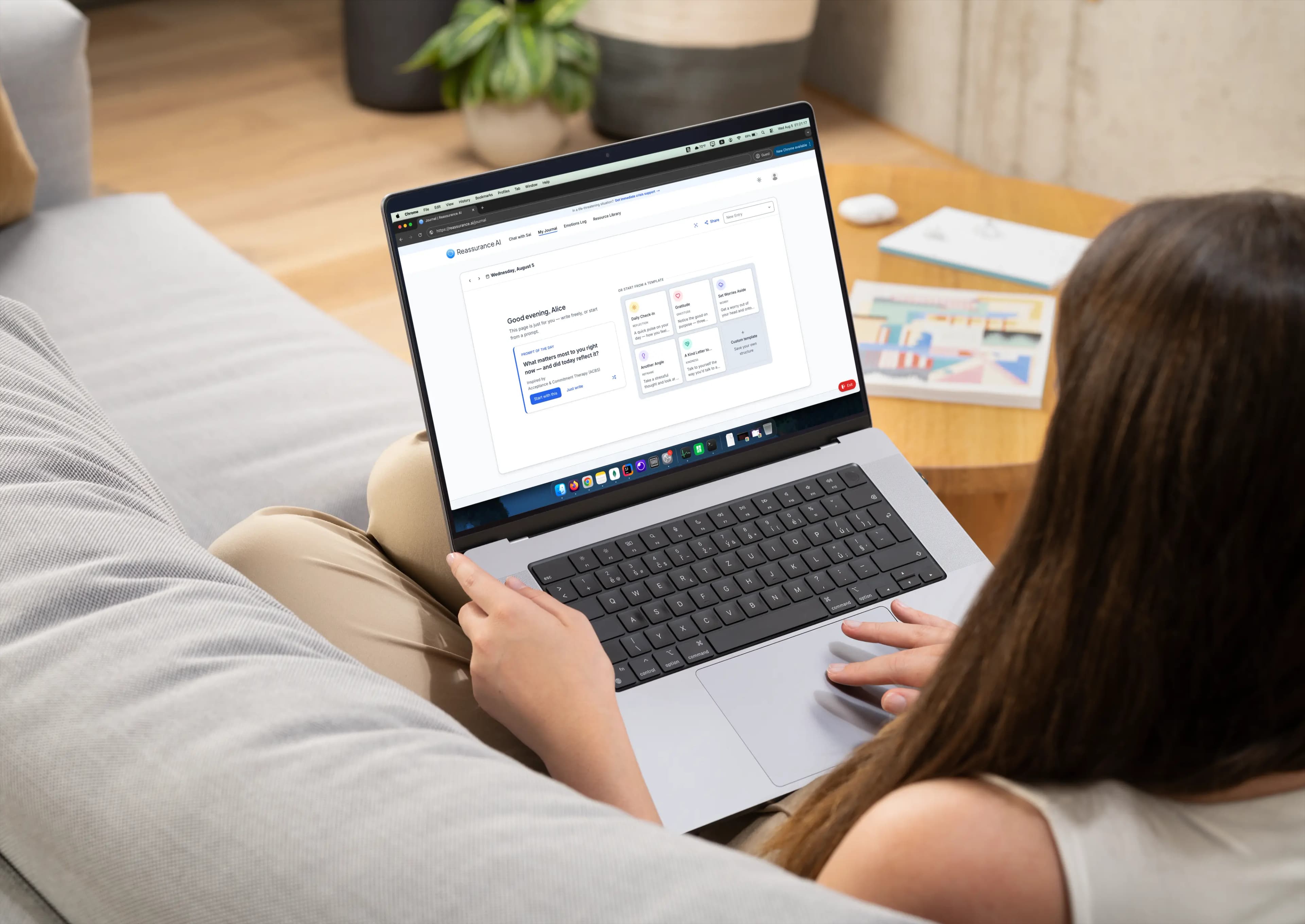 A young woman using the virtual journal feature of Reassurance AI.